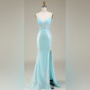 Light Blue Sparkly Mermaid Sequin Prom Dress with Slit